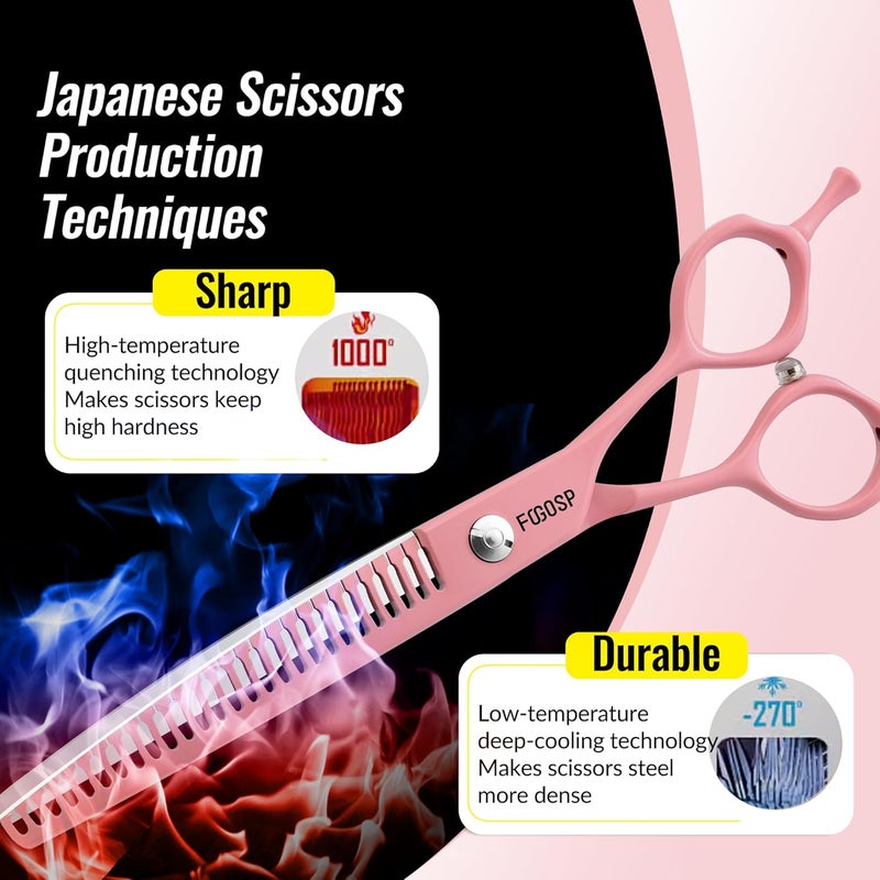 FOGOSP Curved Chunkers Dog Grooming Scissors 7" Macarone Series Professional Pet Grooming Shears for Dogs Pets Japan 440C Stainless Steel Sharp & Durable(Pink, 27Teeth Curved Thinners) - Image 4
